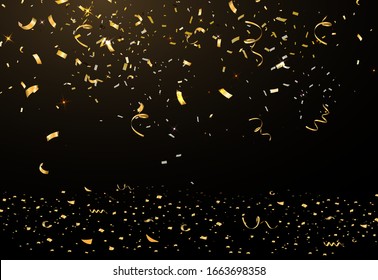 Falling Bright Shiny Gold Confetti, Ribbon, Stars Celebration, Serpentine On Black Background. Confetti Flying On The Floor. New Year, Birthday, Valentines Day Design Element. Vector.