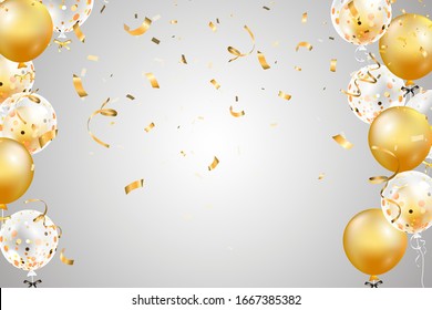 Cayendo brillante confeti dorado, cinta, celebración de estrellas, serpentín, globo aislado. Confetti volando en el suelo. Diseño para decoraciones de fiestas, Año Nuevo, cumpleaños, aniversario, celebración