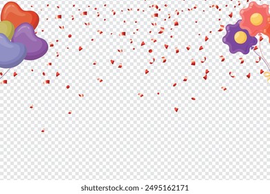 Falling bright shiny red confetti, ribbon, stars celebration, serpentine, balloon isolated. Confetti flying on the floor. Design for Party decorations, New year, birthday, anniversary, celebration