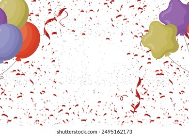 Falling bright shiny red confetti, ribbon, stars celebration, serpentine, balloon isolated. Confetti flying on the floor. Design for Party decorations, New year, birthday, anniversary, celebration