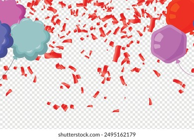 Falling bright shiny red confetti, ribbon, stars celebration, serpentine, balloon isolated. Confetti flying on the floor. Design for Party decorations, New year, birthday, anniversary, celebration