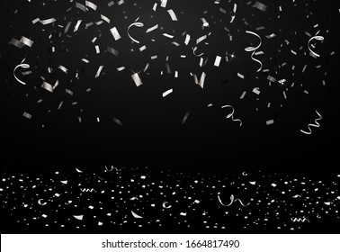 Falling Bright Shiny Silver Confetti, Ribbon, Stars Celebration, Serpentine On Black Background. Confetti Flying On The Floor. New Year, Birthday, Valentines Day Design Element. Vector.