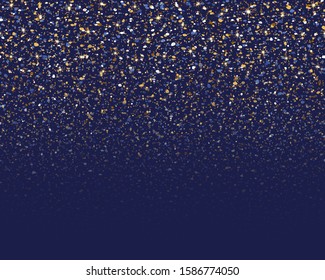 Falling bright sparkling particles. Gold glitter confetti. Falling sparkles. Golden light effect. Abstract bokeh lights. Design wedding greeting. Gold dust on blue background. Sparkling starry sky