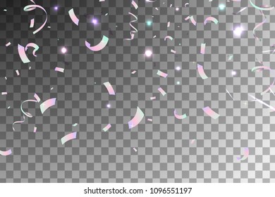 Falling Brilliant Glitter iridescent confetti with Sunshine Glare isolated. Iridescent Background. Mesh Holographic Foil Backdrop. Holographic Background with Light Glitch Effect. vector illustration.