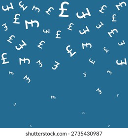 Falling British pound sterling blue pattern. An abstract arrangement of different-sized, scattered money symbols.
