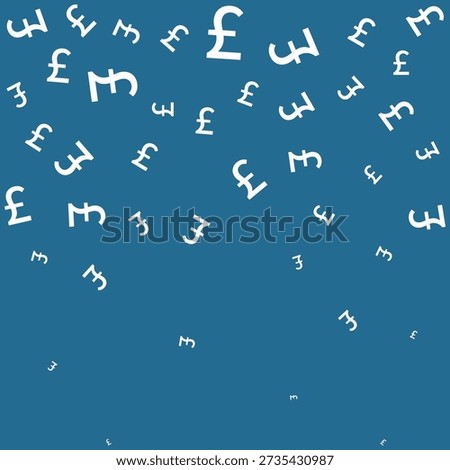 Falling British pound sterling blue pattern. An abstract arrangement of different-sized, scattered money symbols.
