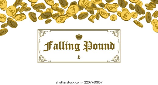 Falling British pounds 3d coins on an isolated white background. Vector financial vintage banner with patterned frame