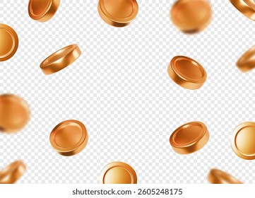 Falling bronze metal coins. Vector money illustration. Gold flying money on transparent background Cash rain, income, profit