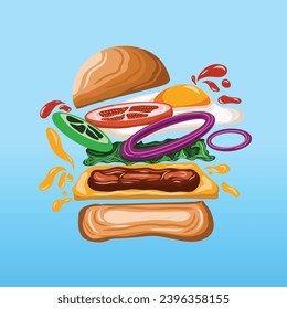 Caída de la ilustración vectorial de la hamburguesa para la publicidad 