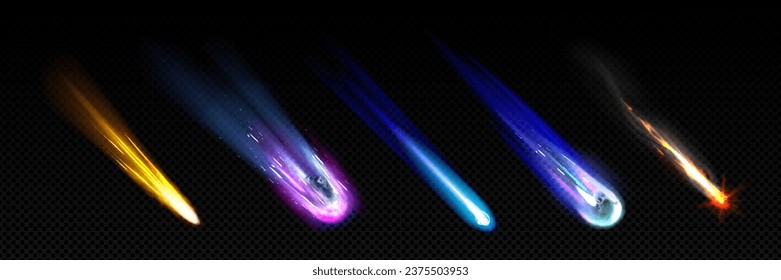 Cometa de caída y quema con rastro ligero - ilustración vectorial realista de un meteorito espacial o asteroide que vuela a alta velocidad, flameando y dejando fuego brillante o cola de hielo atrás. Concepto de lluvia estelar.