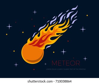 A falling burning space object on the background of the stars and infinite. Comet, asteroid, meteor or meteorite in the fire with flame trajectory.Vector image for logo, emblem or print design.