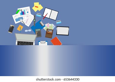 Falling business objects on the blue gradient background.