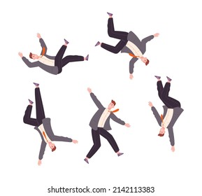 Falling Businessman. Fall Down Business Men In Suit From Full Despair, Suicide Action Stressed Office Worker, Disappointed Person Fly Downfall Figure, Vector Illustration. Businessman Down