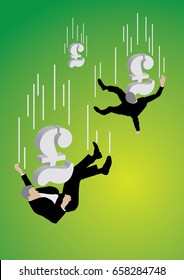 Falling businessman pushed down by big Pound sterling sign on green background