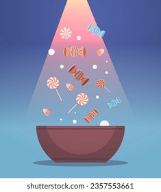 Falling candies into the bowl. Festive flat concept vector illustration