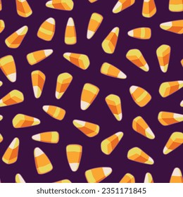 Falling candy corn seamless pattern on dark purple background