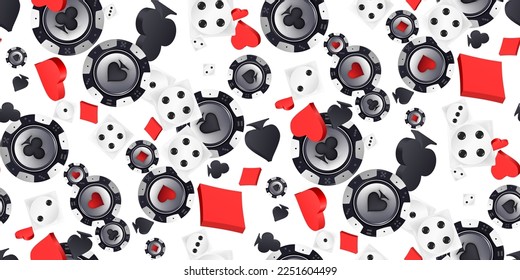 Falling card suit symbols icons, poker chips and dice cubes on white. Seamless pattern with symbols of diamonds, clubs, hearts, spades, tokens with symbols, white play dice cubes. Vector 3d design