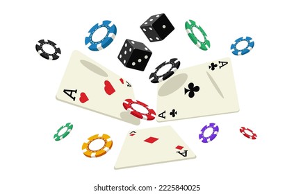 Cayendo cartas y fichas. Juego de accesorios de casino para póquer, monedas flotantes rojas y negras, concepto de juego de dinero ganador. Ilustración vectorial. Oportunidad afortunada de ganar en torneo