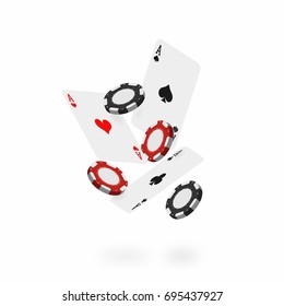 Falling cards and chips. Falling poker aces with realistic casino chips isolated on white background. Vector