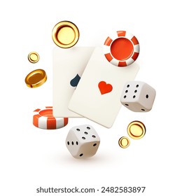 Falling cards, dice, casino chips and coins. Gambling design