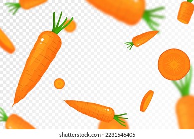 Falling carrots isolated on transparent background. Flying whole and sliced vegetable with blurry effect. Can be used for advertising, packaging, banner, poster, print. vector flat design