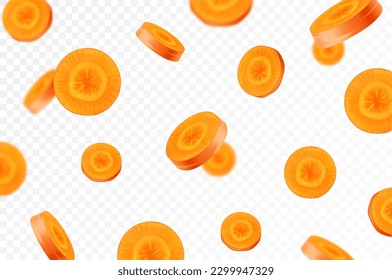 Falling carrots isolated on transparent background. Flying sliced vegetable with blurry effect. Can be used for advertising, packaging, banner, poster, print. vector realistic 3d design