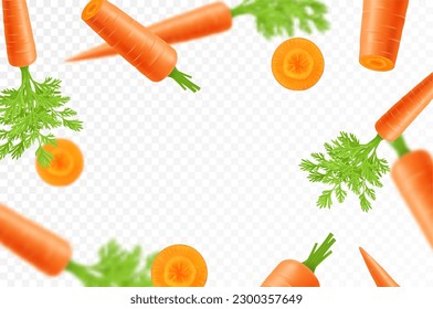 Falling carrots isolated on transparent background. Flying whole and sliced vegetable with blurry effect. Can be used for advertising, packaging, banner, poster, print. vector realistic design