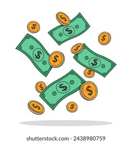 Falling cash money and gold coin with dollar sign. Green dollar cartoon vector Illustration.