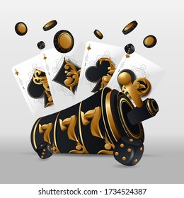 Falling casino chips and aces with blurred elements, vector illustration, isolated on white