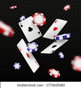 Falling casino chips and aces with blurred elements. Playing cards and poker chips fly casino.