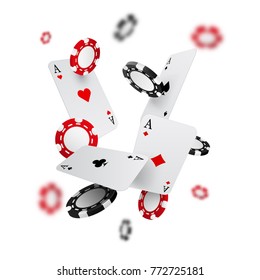 Falling casino chips and aces with blurred elements, vector illustration, isolated on white