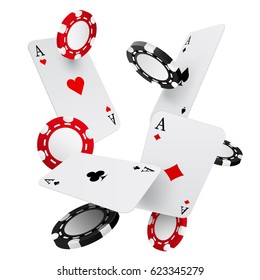 Falling casino chips and aces, vector illustration, isolated on white