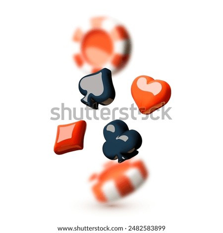 Falling casino chips with card suits. Gambling design