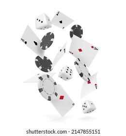 Falling casino chips and playing cards, vector illustration isolated on white