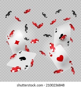 Falling casino poker chips and playing cards isolated for your arts