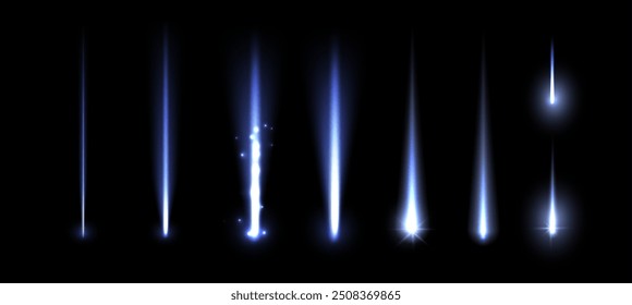 Falling celestial body with trail and tails. Vector isolated set of realistic star or comet, asteroid shining and glowing in darkness. Cosmos and stardust effect, glittering and shimmering