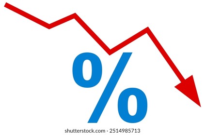 Seta decrescente do gráfico com ícone de percentual, queda de taxas de juros