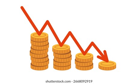 Gráfico de queda com moedas, simbolizando perda financeira, crise ou diminuição da renda. Ilustração vetorial moderna isolada sobre fundo branco, desenhado à mão, design plano