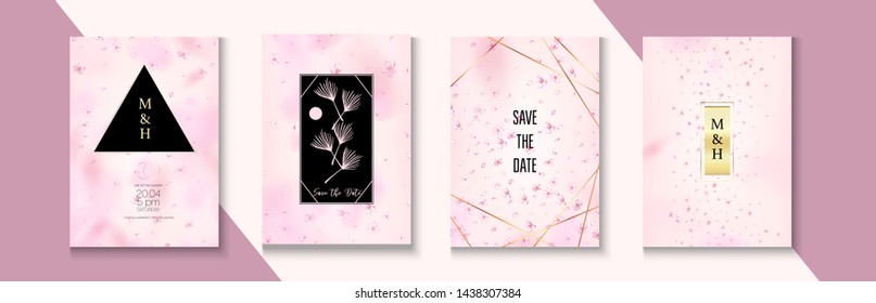 Falling Cherry Blossom RSVP Wedding Set. Polygon Abstract Nature Package. Elegant Cherry Healthcare Border Design. Vector Premium New Year Menu Collection. Cherry RSVP Wedding Set