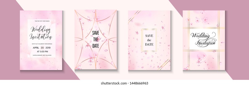 Falling Cherry Blossom RSVP Wedding Set. Vector Funky Music Party Brochure Collection. Elegant Cherry Healthcare Frame Design. Polygon Abstract Nature Template. Cherry RSVP Wedding Set