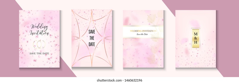 Falling Cherry Blossom RSVP Wedding Set. Vector Luxury Music Party Cover Collection. Geometric Minimal Nature Template. Elegant Cherry Healthcare Border Design. Cherry RSVP Wedding Set