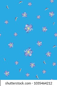 The falling cherry blossoms, magnolias or cherry blossoms in shades of pink on a blue background. Delicate, romantic, hand-drawn spring design for postcard, poster, background, window decoration, etc