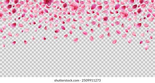 Falling cherry petals png isolated on transparent background. Romantic concept banner template. Stock vector illustration isolated on white background in realistic style.