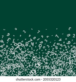Falling childish chalk numbers. Math study concept with flying digits. Ecstatic back to school mathematics banner on blackboard background. Falling numbers vector illustration.