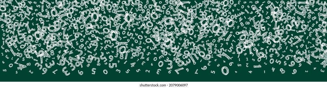 Fallende kindische Kreide-Zahlen. Mathe-Studienkonzept mit fliegenden Ziffern. Fantastisch zurück zum Banner der Schulmathematik auf schwarzem Hintergrund. Fallende Zahlen, Vektorgrafik.