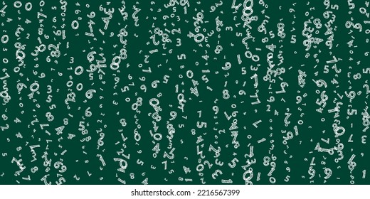 Falling childish chalk numbers. Math study concept with flying digits. Bizarre back to school mathematics banner on blackboard background. Falling numbers vector illustration.