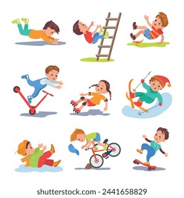 Falling children. Kids lose balance. People stumble or slip. Traumatic situation. Bruises or scratches. Boy rides bicycle. Girl tripping at skateboard. Fall accident