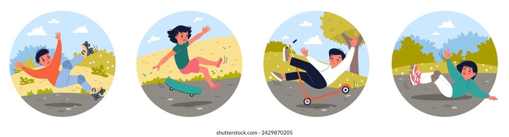 Falling children scenes. Boys and girls in danger on walk in park, kids traumatic situations, frightened children slip, stumble during skating, skateboarding and scootering, cartoon vector set