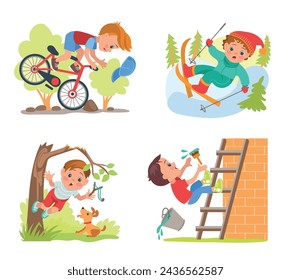 Falling children scenes. Frightened boys slip and fall down stairs. Teen person climbing tree or stepladder. Kids skis and ride bikes. Stressful traumatic situations