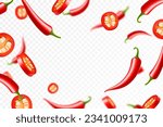 Falling chili pepper isolated on transparent background. Сhopped pieces of hot pepper flying, selective focus. Can be used for advertising, packaging, banner print. Realistic 3d vector design